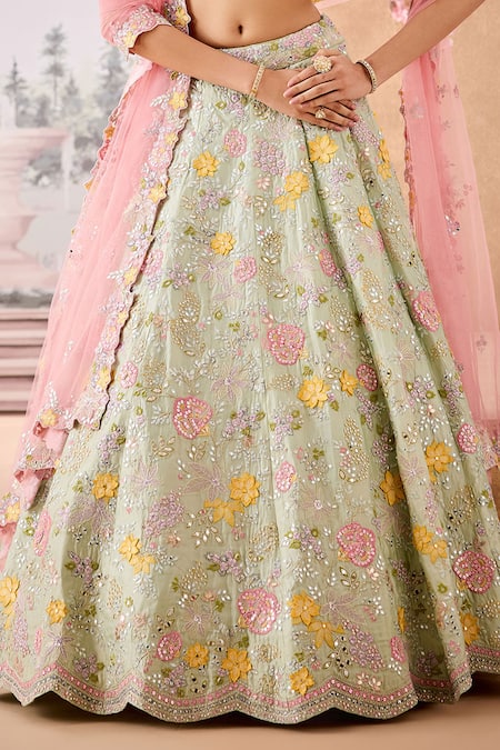 Buy_Aneesh Agarwaal_Green Silk Organza, Net Sequins, Embroidery Phool Bahar Bridal Lehenga Set _Online_at_Aza_Fashions