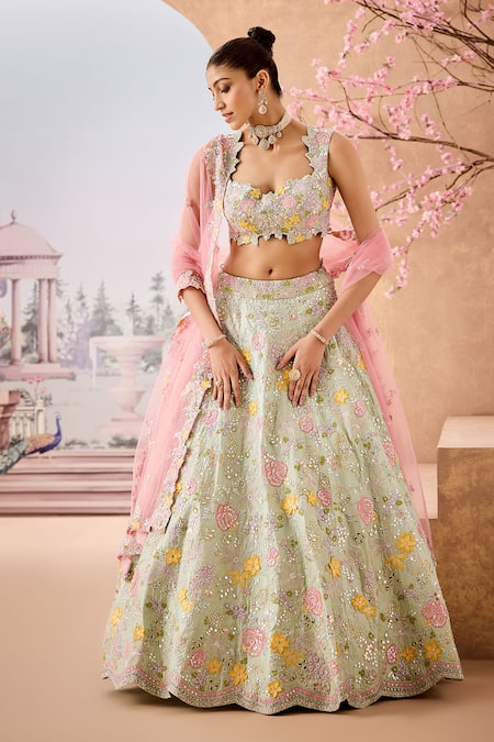 Shop_Aneesh Agarwaal_Green Silk Organza, Net Sequins, Embroidery Phool Bahar Bridal Lehenga Set _Online_at_Aza_Fashions