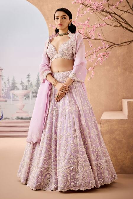 Buy_Aneesh Agarwaal_Purple Silk Organza Sequins, Periwinkle Bloom Embroidered Bridal Lehenga Set _Online_at_Aza_Fashions