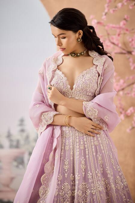 Shop_Aneesh Agarwaal_Purple Silk Organza Sequins, Periwinkle Bloom Embroidered Bridal Lehenga Set _Online_at_Aza_Fashions