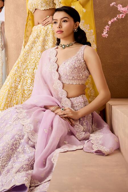 Aneesh Agarwaal_Purple Silk Organza Sequins, Periwinkle Bloom Embroidered Bridal Lehenga Set _at_Aza_Fashions