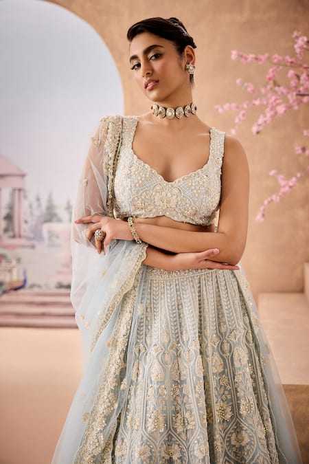 Buy Aneesh Agarwaal Blue Net, Silk Organza Sequins, Shamiyana Bloom Embroidered Bridal Lehenga Set Online at Aza Fashions Buy_Aneesh Agarwaal_Blue Net, Silk Organza Sequins, Shamiyana Bloom Embroidered Bridal Lehenga Set _Online_at_Aza_Fashions