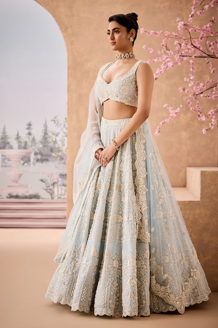 Shop Aneesh Agarwaal Blue Net, Silk Organza Sequins, Shamiyana Bloom Embroidered Bridal Lehenga Set Online at Aza Fashions Shop_Aneesh Agarwaal_Blue Net, Silk Organza Sequins, Shamiyana Bloom Embroidered Bridal Lehenga Set _Online_at_Aza_Fashions