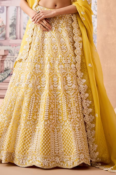 Aneesh Agarwaal_Yellow Silk Organza Sequins, Ambrosia Bloom Embroidered Bridal Lehenga Set _Online_at_Aza_Fashions
