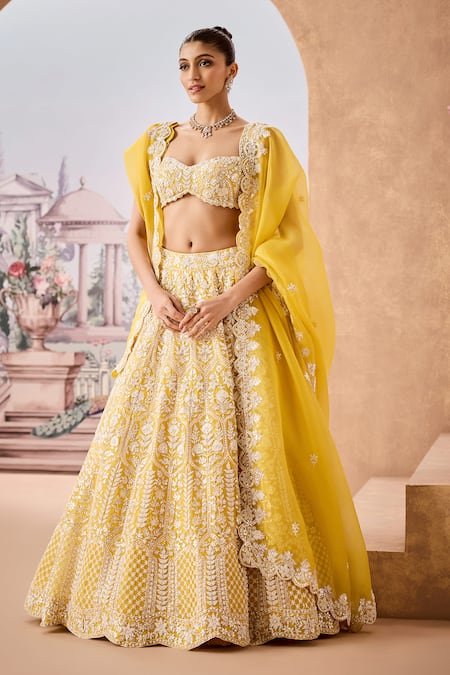 Buy_Aneesh Agarwaal_Yellow Silk Organza Sequins, Ambrosia Bloom Embroidered Bridal Lehenga Set _Online_at_Aza_Fashions