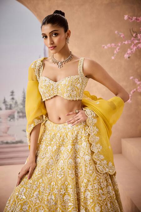Shop_Aneesh Agarwaal_Yellow Silk Organza Sequins, Ambrosia Bloom Embroidered Bridal Lehenga Set _Online_at_Aza_Fashions