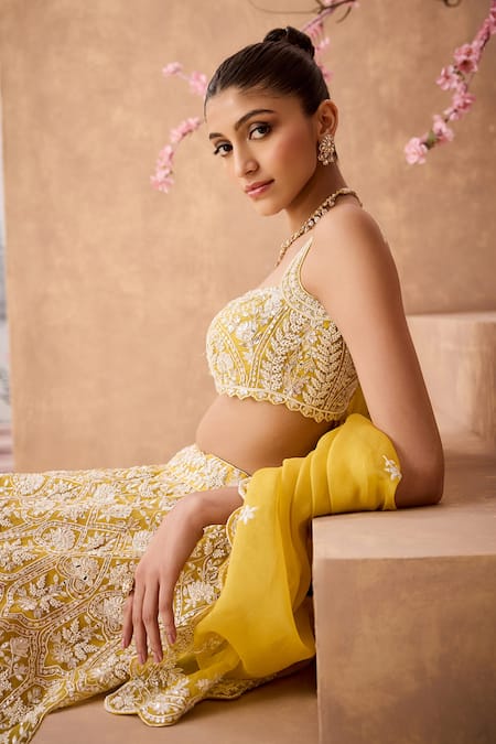 Aneesh Agarwaal_Yellow Silk Organza Sequins, Ambrosia Bloom Embroidered Bridal Lehenga Set _at_Aza_Fashions