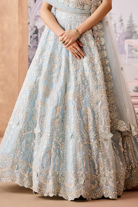 Aneesh Agarwaal Blue Silk Organza, Net Pearls, Sequins, Iris Blossom Bridal Lehenga Set Online at Aza Fashions Aneesh Agarwaal_Blue Silk Organza, Net Pearls, Sequins, Iris Blossom Bridal Lehenga Set _Online_at_Aza_Fashions