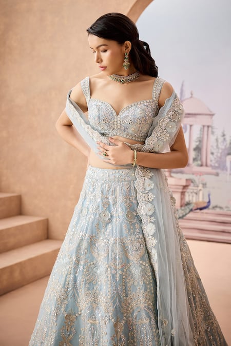 Buy Aneesh Agarwaal Blue Silk Organza, Net Pearls, Sequins, Iris Blossom Bridal Lehenga Set Online at Aza Fashions Buy_Aneesh Agarwaal_Blue Silk Organza, Net Pearls, Sequins, Iris Blossom Bridal Lehenga Set _Online_at_Aza_Fashions
