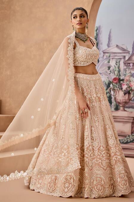 Shop Aneesh Agarwaal Beige Net, Silk Organza Embroidery, Pearls, Peony Blossom Bridal Lehenga Set Online at Aza Fashions Shop_Aneesh Agarwaal_Beige Net, Silk Organza Embroidery, Pearls, Peony Blossom Bridal Lehenga Set _Online_at_Aza_Fashions