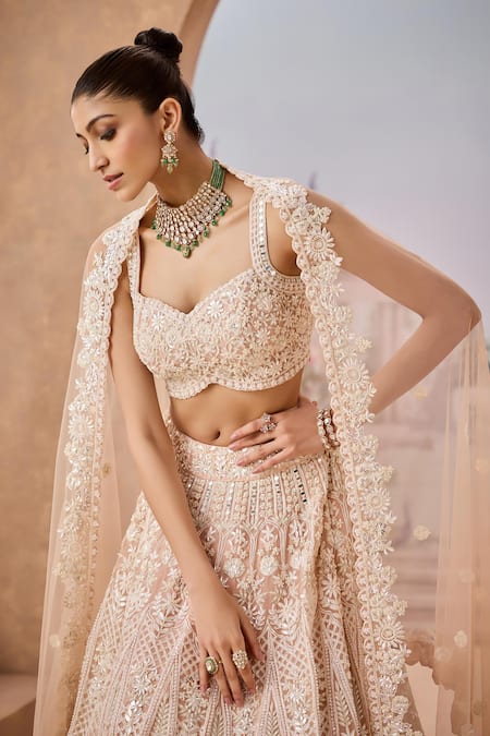 Aneesh Agarwaal Beige Net, Silk Organza Embroidery, Pearls, Peony Blossom Bridal Lehenga Set at Aza Fashions Aneesh Agarwaal_Beige Net, Silk Organza Embroidery, Pearls, Peony Blossom Bridal Lehenga Set _at_Aza_Fashions