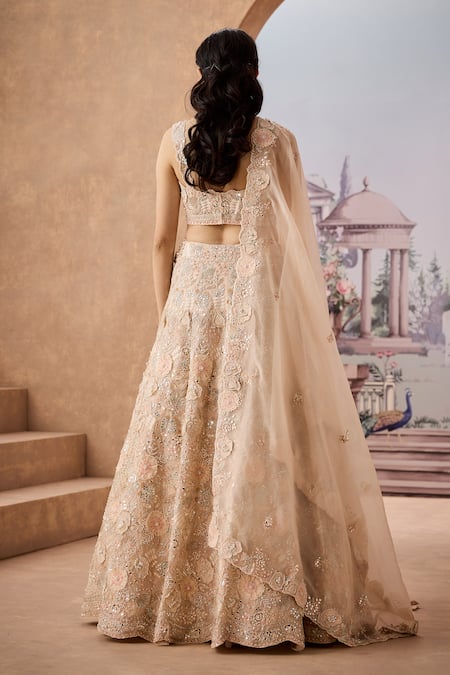 Shop_Aneesh Agarwaal_Peach Net, Silk Organza Cut Work, Sequins, Buttercup Flora Bridal Lehenga Set _at_Aza_Fashions