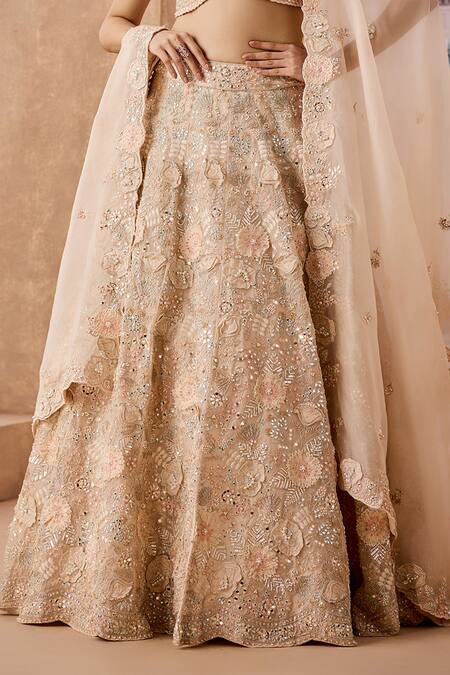 Shop_Aneesh Agarwaal_Peach Net, Silk Organza Cut Work, Sequins, Buttercup Flora Bridal Lehenga Set _Online_at_Aza_Fashions