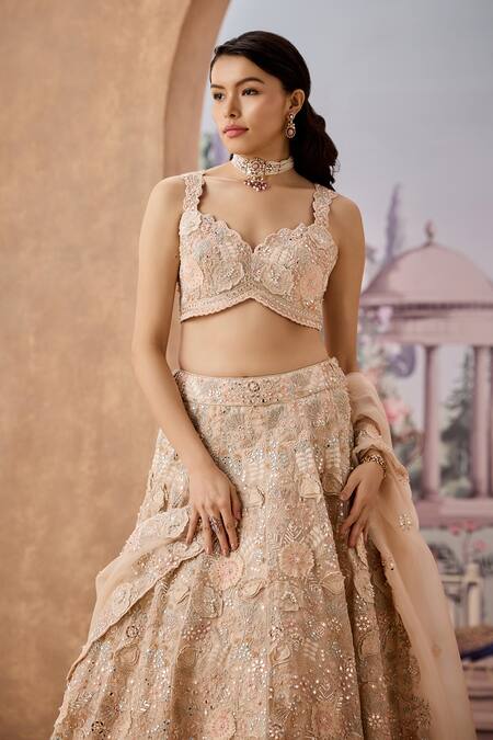 Aneesh Agarwaal_Peach Net, Silk Organza Cut Work, Sequins, Buttercup Flora Bridal Lehenga Set _at_Aza_Fashions