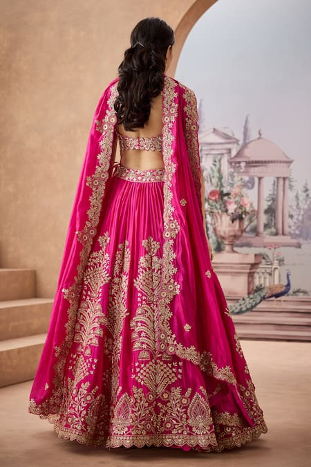 Shop_Aneesh Agarwaal_Pink Silk Sequins, Gota Patti Sweetheart Gulshan Flora Embroidered Lehenga Set _at_Aza_Fashions