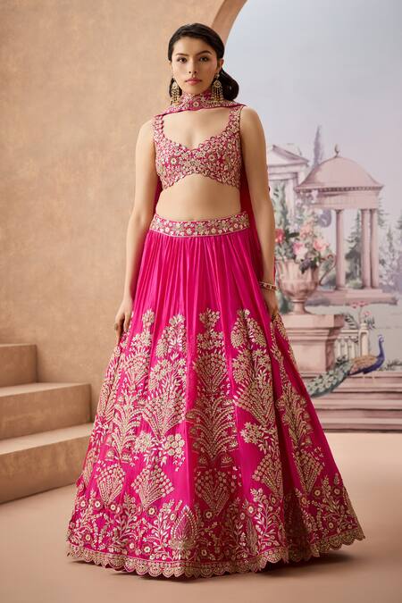 Aneesh Agarwaal_Pink Silk Sequins, Gota Patti Sweetheart Gulshan Flora Embroidered Lehenga Set _Online_at_Aza_Fashions
