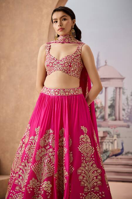 Shop_Aneesh Agarwaal_Pink Silk Sequins, Gota Patti Sweetheart Gulshan Flora Embroidered Lehenga Set _Online_at_Aza_Fashions