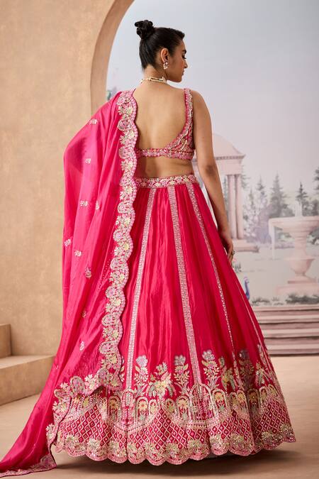 Shop_Aneesh Agarwaal_Pink Silk Sequins, Mirrors Sweetheart Neck Gul Flora Embroidered Lehenga Set _at_Aza_Fashions