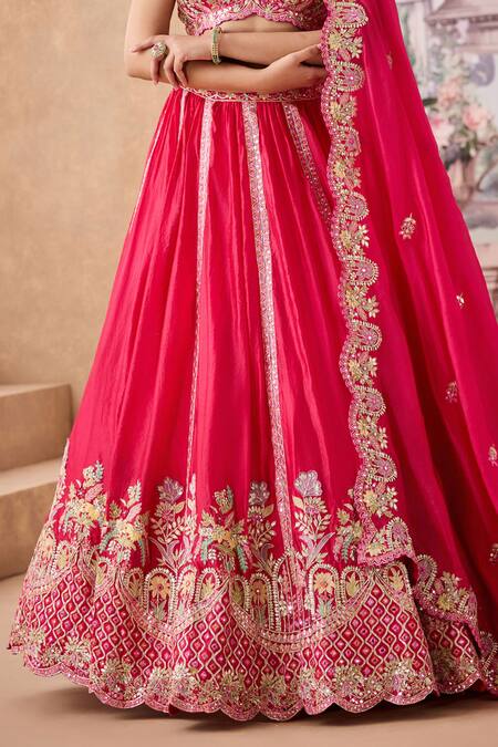 Aneesh Agarwaal_Pink Silk Sequins, Mirrors Sweetheart Neck Gul Flora Embroidered Lehenga Set _Online_at_Aza_Fashions