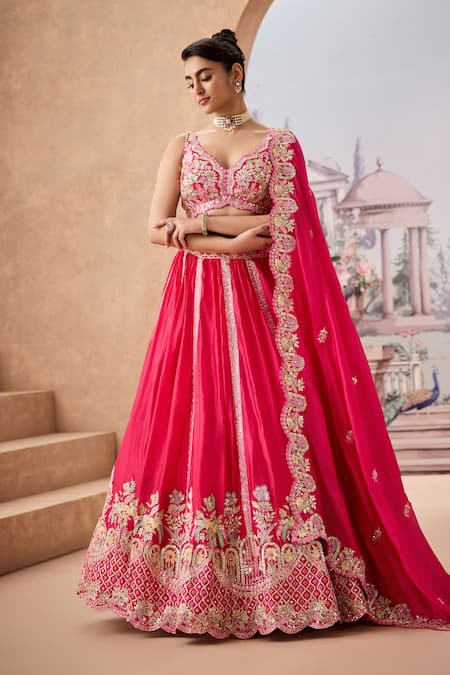 Buy_Aneesh Agarwaal_Pink Silk Sequins, Mirrors Sweetheart Neck Gul Flora Embroidered Lehenga Set _Online_at_Aza_Fashions