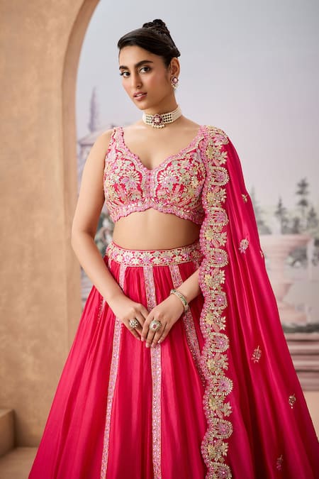 Shop_Aneesh Agarwaal_Pink Silk Sequins, Mirrors Sweetheart Neck Gul Flora Embroidered Lehenga Set _Online_at_Aza_Fashions
