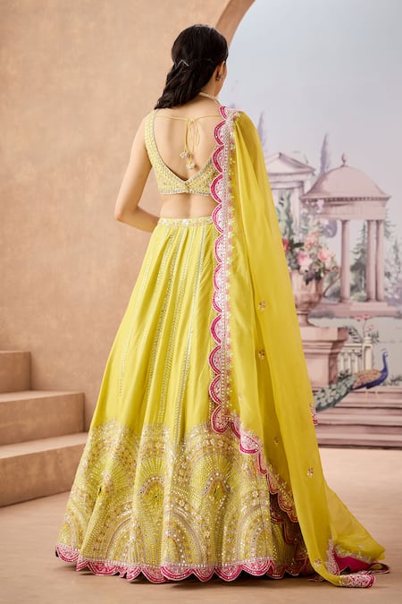 Shop_Aneesh Agarwaal_Green Organza, Silk Sequins, Mirrors Bandeau Ivy Flora Embroidered Lehenga Set _at_Aza_Fashions