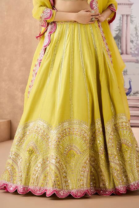 Aneesh Agarwaal_Green Organza, Silk Sequins, Mirrors Bandeau Ivy Flora Embroidered Lehenga Set _Online_at_Aza_Fashions