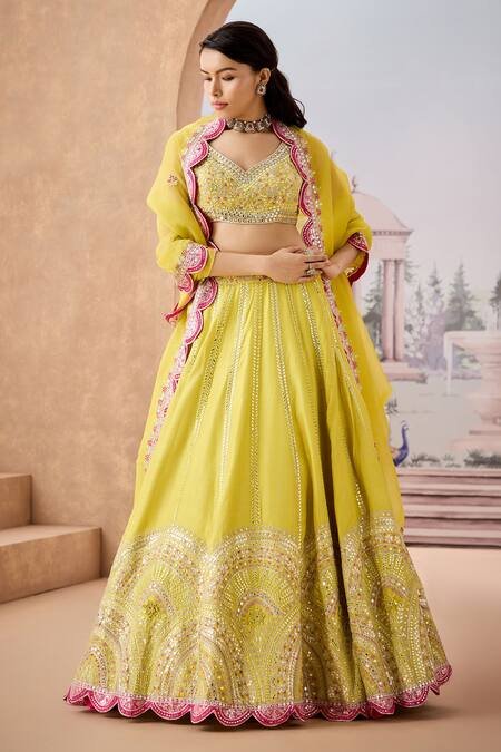Buy_Aneesh Agarwaal_Green Organza, Silk Sequins, Mirrors Bandeau Ivy Flora Embroidered Lehenga Set _Online_at_Aza_Fashions