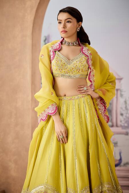 Shop_Aneesh Agarwaal_Green Organza, Silk Sequins, Mirrors Bandeau Ivy Flora Embroidered Lehenga Set _Online_at_Aza_Fashions