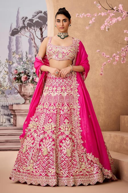 Aneesh Agarwaal Pink 100% Italian Silk Embroidery Gotapatti Blossom Fleur Bridal Lehenga Set 