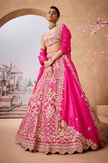 Shop Aneesh Agarwaal Pink Silk Embroidery, Gota Patti Scoop Neck Blossom Fleur Bridal Lehenga Set Online at Aza Fashions Shop_Aneesh Agarwaal_Pink Silk Embroidery, Gota Patti Scoop Neck Blossom Fleur Bridal Lehenga Set _Online_at_Aza_Fashions