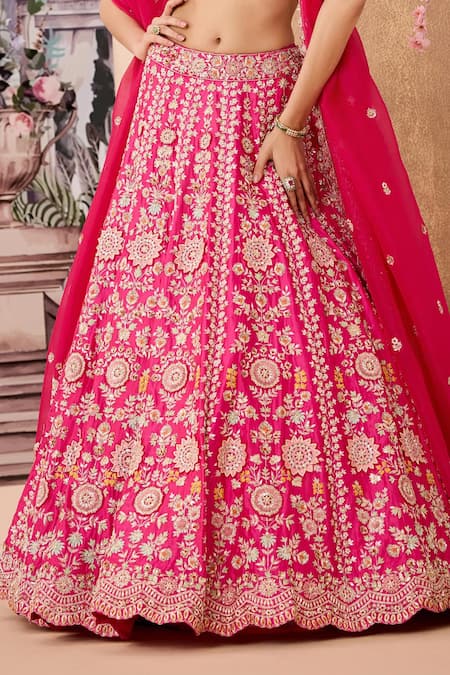 Aneesh Agarwaal_Fuchsia Silk Organza Zardozi Embroidered Flower Applique Bridal Lehenga Set _Online_at_Aza_Fashions