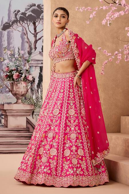 Buy_Aneesh Agarwaal_Fuchsia Silk Organza Zardozi Embroidered Flower Applique Bridal Lehenga Set _Online_at_Aza_Fashions
