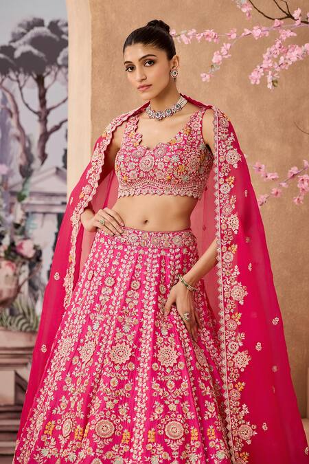 Shop_Aneesh Agarwaal_Fuchsia Silk Organza Zardozi Embroidered Flower Applique Bridal Lehenga Set _Online_at_Aza_Fashions