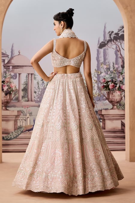 Shop_Aneesh Agarwaal_Pink Silk Organza, Net Pearls, Sequins, Mughal Embroidered Bridal Lehenga Set _at_Aza_Fashions