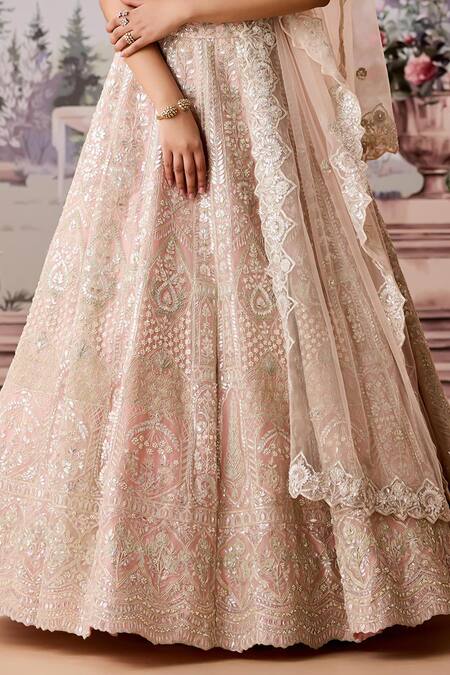 Aneesh Agarwaal_Pink Silk Organza, Net Pearls, Sequins, Mughal Embroidered Bridal Lehenga Set _Online_at_Aza_Fashions