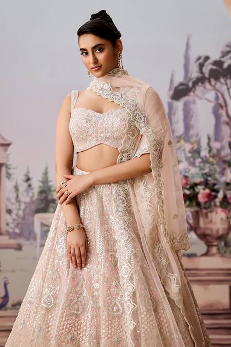 Shop_Aneesh Agarwaal_Pink Silk Organza, Net Pearls, Sequins, Mughal Embroidered Bridal Lehenga Set _Online_at_Aza_Fashions