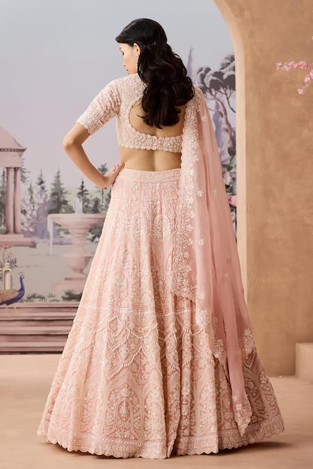 Shop_Aneesh Agarwaal_Peach Silk Organza Pearls, Embellished Floral Scallop Bridal Lehenga Set _at_Aza_Fashions