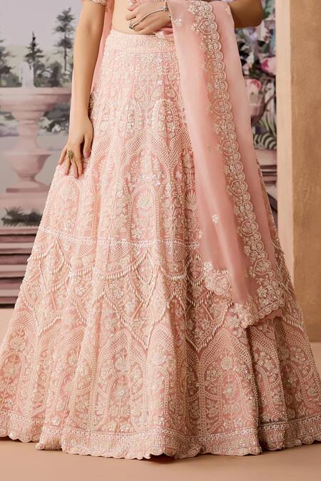 Aneesh Agarwaal_Peach Silk Organza Pearls, Embellished Floral Scallop Bridal Lehenga Set _Online_at_Aza_Fashions