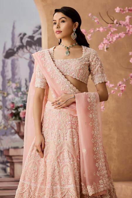 Buy_Aneesh Agarwaal_Peach Silk Organza Pearls, Embellished Floral Scallop Bridal Lehenga Set _Online_at_Aza_Fashions