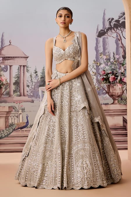 Aneesh Agarwaal Mirrorwork Embellished Gota Scallop Bridal Lehenga Set 