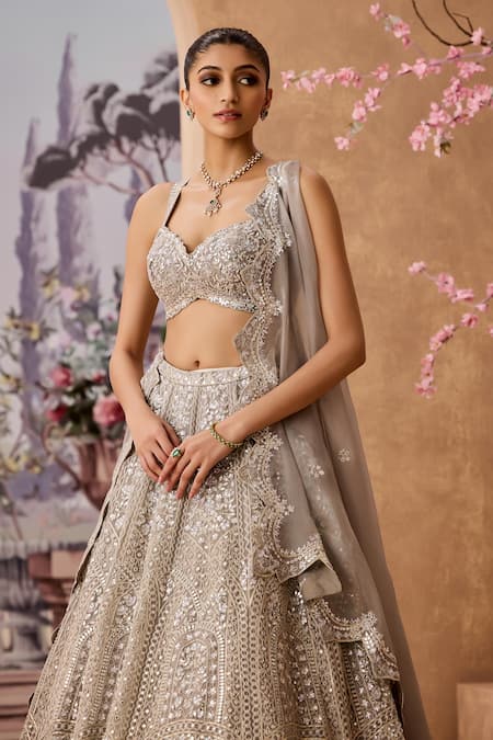 Buy_Aneesh Agarwaal_Grey Silk Organza Sequins, Beads, Embellished Gota Scallop Bridal Lehenga Set _Online_at_Aza_Fashions