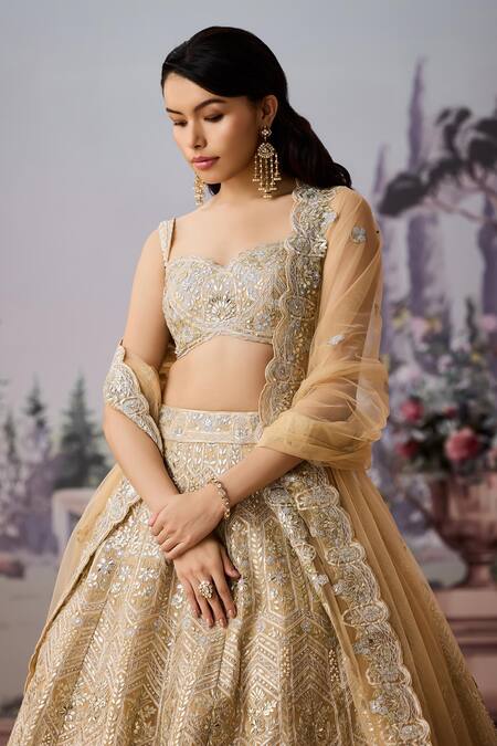 Shop_Aneesh Agarwaal_Yellow Silk Organza, Net Gota Patti, Embroidered Floral Bridal Lehenga Set _Online_at_Aza_Fashions