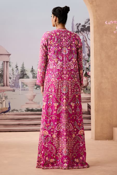 Shop_Aneesh Agarwaal_Pink Organza, Sequins, Beads, Floral Paisley Jacket Dhoti Skirt Set _at_Aza_Fashions