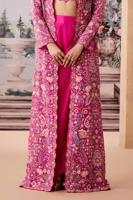 Aneesh Agarwaal_Pink Organza, Sequins, Beads, Floral Paisley Jacket Dhoti Skirt Set _Online_at_Aza_Fashions