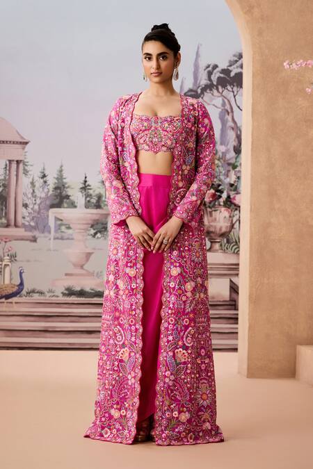 Buy_Aneesh Agarwaal_Pink Organza, Sequins, Beads, Floral Paisley Jacket Dhoti Skirt Set _Online_at_Aza_Fashions