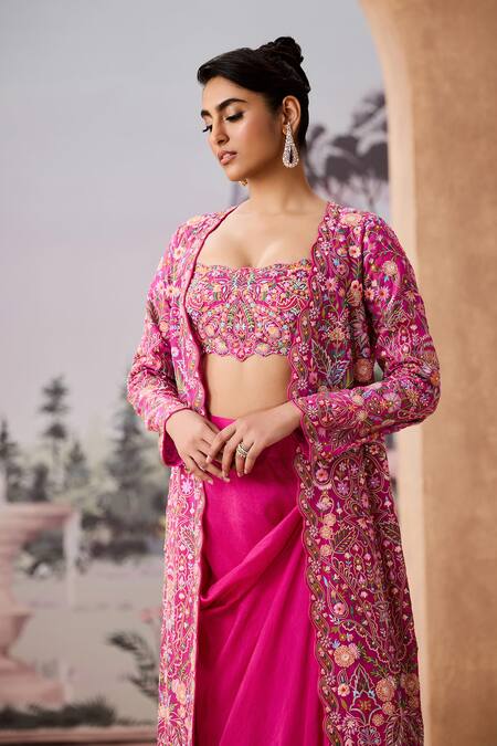 Shop_Aneesh Agarwaal_Pink Organza, Sequins, Beads, Floral Paisley Jacket Dhoti Skirt Set _Online_at_Aza_Fashions