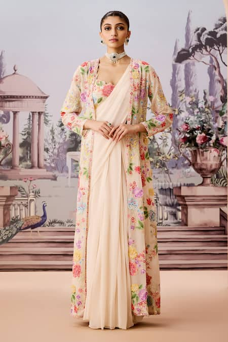 Aneesh Agarwaal Ivory Jacket And Blouse 100% Silk Organza Embroidered Floral Sequined Saree Set 