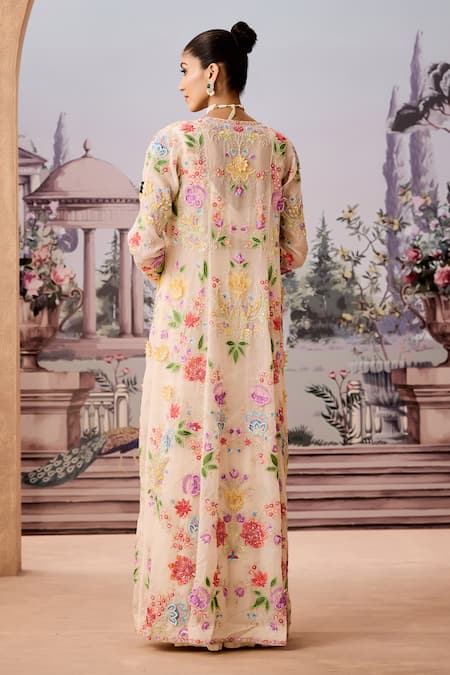 Shop_Aneesh Agarwaal_Ivory Organza, Sequins, Beads Floral Embroidered Jacket Saree Set _at_Aza_Fashions