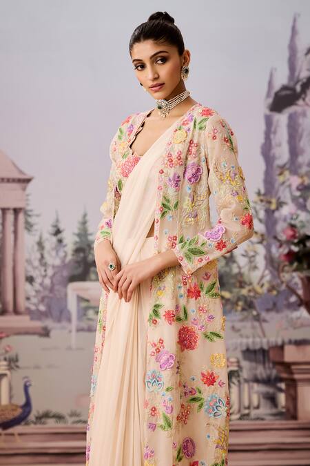 Aneesh Agarwaal_Ivory Organza, Sequins, Beads Floral Embroidered Jacket Saree Set _Online_at_Aza_Fashions